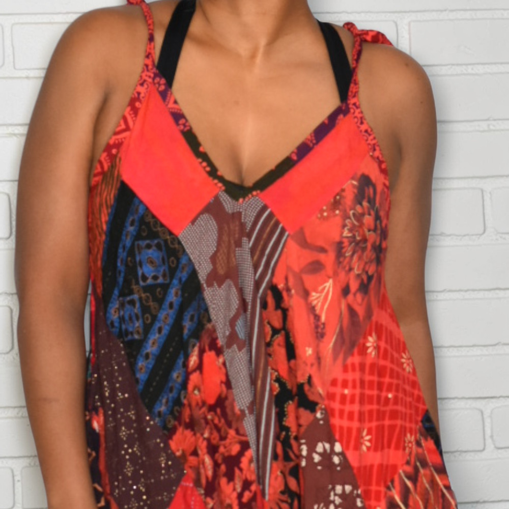 Boho Patchwork Harem Romper Red Tie Strap Jumper … - image 4